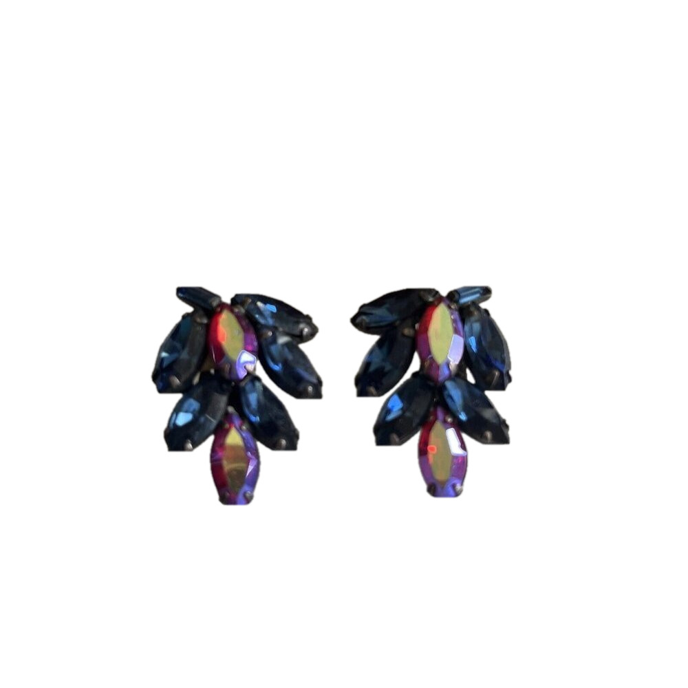 VTG Earrings Clip-on Blue Crystal Red AB Rhinestone Rare Large Japaned Backs